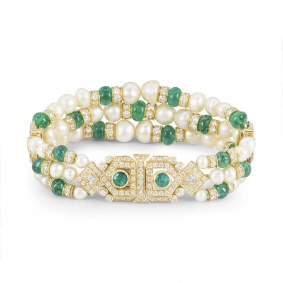 Yellow Gold Diamond, Emerald & Pearl Bracelet